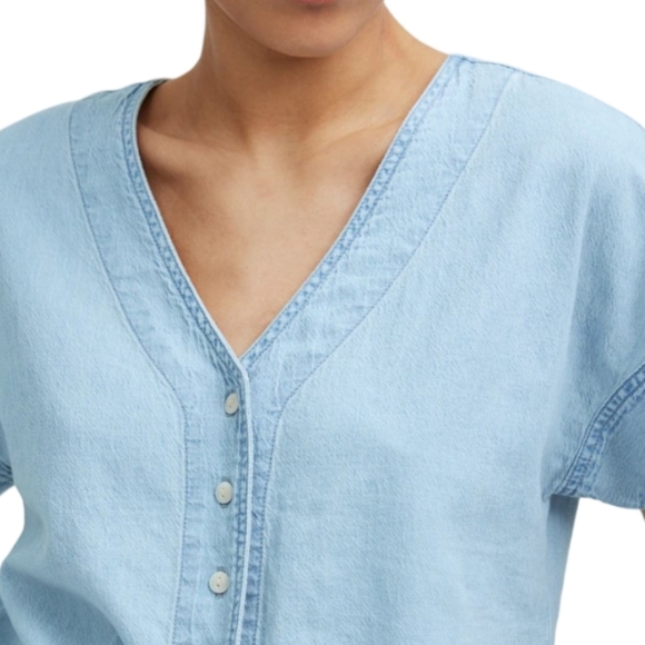 Madewell Blue Denim Pleated Short-Sleeve Top Size Small NWT - Picture 7 of 14